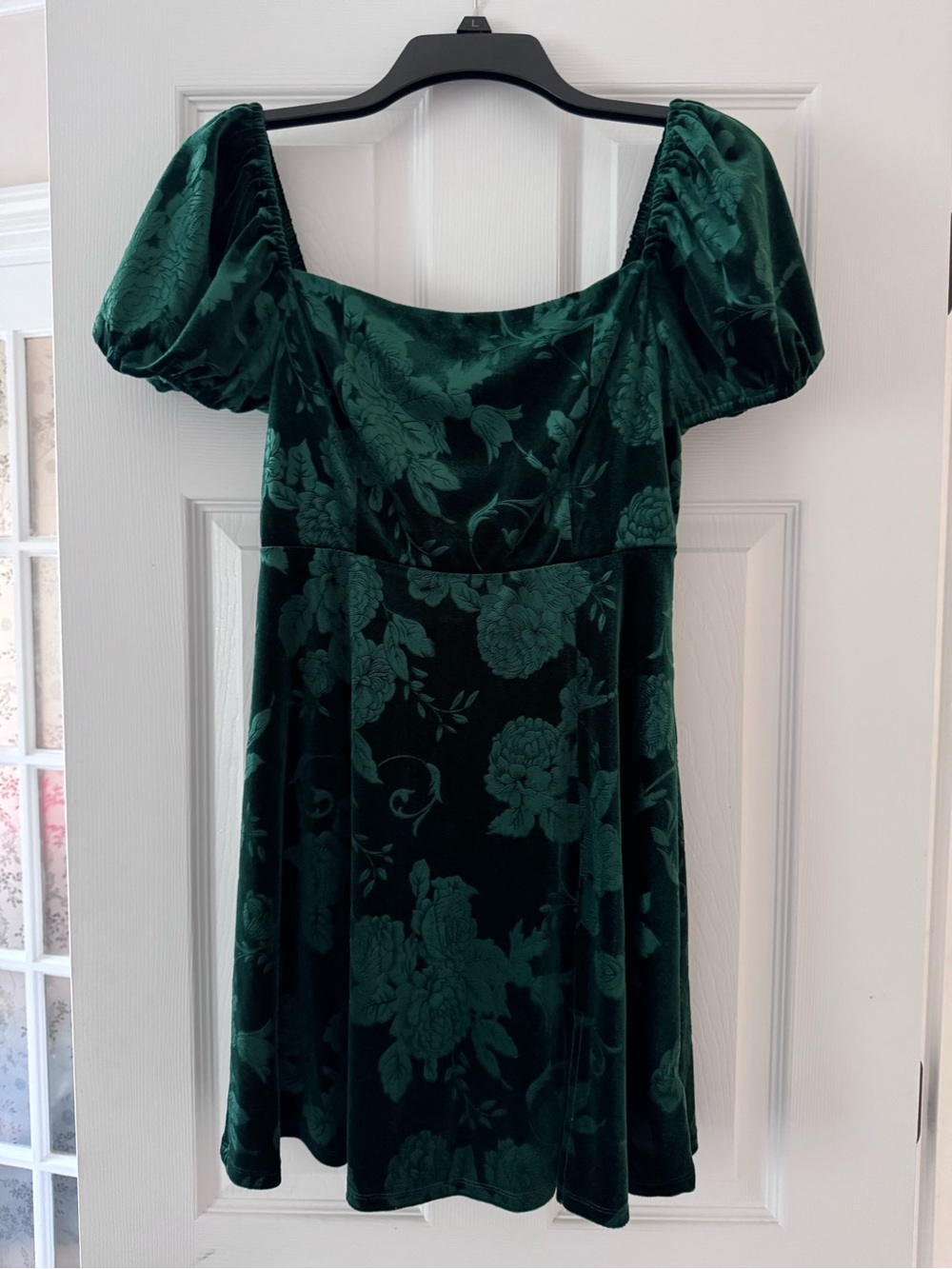 Altar'd State Deep Green Velvet Floral Puff-Sleeve Mini Dress
